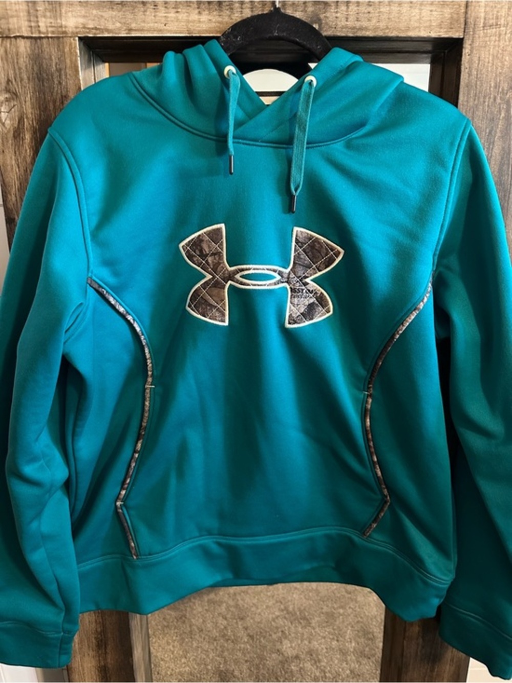 Under Armour Hoodie Women’s LG Teal Camo Logo ColdGear Fleece Loose Fit Gorpcore